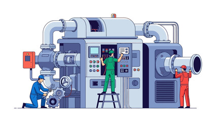 Engineering Precision: Skilled technicians diligently inspect and maintain a massive industrial machine, the scene showcases meticulous care and the intricate details of industrial engineering. 