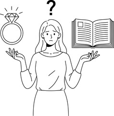 Thinking woman icon choosing between a ring and a book. Concept of decisions, relationships, hobbies, and lifestyle. Suitable for emotional and lifestylethemed designs.