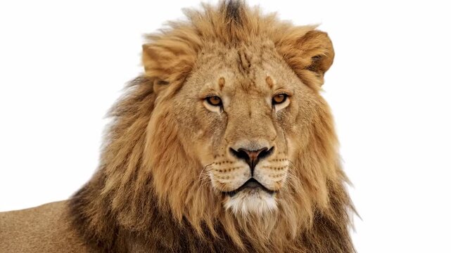 Majestic Lion Portrait on White - A close-up portrait of a majestic male lion against a pure white background.