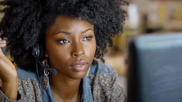 Customer support agent engaging with a client over a headset focused on face expressing professionalism while managing return inquiries soft blur on office surroundings.