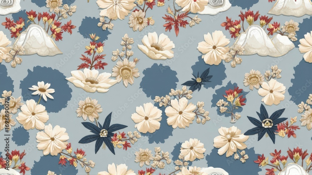 Poster elegant floral pattern with soft color palette featuring various flower species on a subtle blue bac