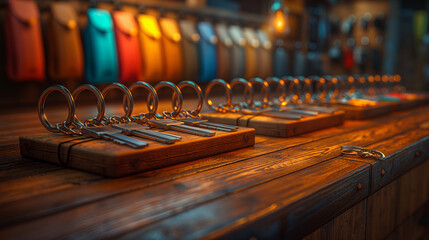 Rows of metal keychains on wooden board. Colorful leather goods in background. Perfect for retail and product showcase.