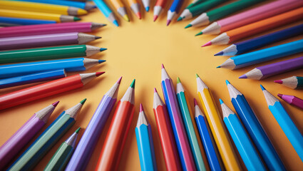 Fototapeta premium Colorful pencils arranged in a circular pattern around a message that reads 'Happy 1 September!' on a yellow background