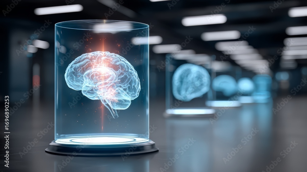 Poster brain is shown in a glass case with a red light shining on it. the brain is surrounded by other brai