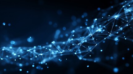 Dynamic abstract network of glowing blue digital connections and nodes pulsing with light against a dark, futuristic technological background