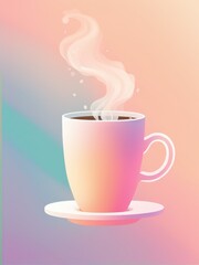 A warm beverage steaming in a pink cup with gradient background