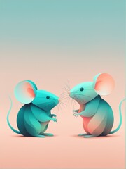 Two animated mice with turquoise and pink hues interacting on a gradient background