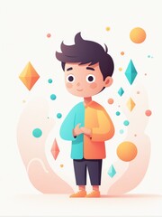 A cheerful young boy surrounded by colorful geometric shapes and patterns
