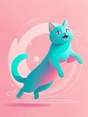 A joyful turquoise cat leaping with a pink gradient background
