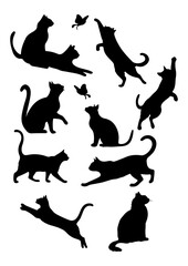 Silhouettes of Cats in Various Poses – Black Vector Collection