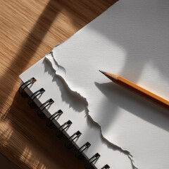 Natural light on torn paper and pencil. Artistic workspace with sketchbook. Perfect for creativity and office themes.