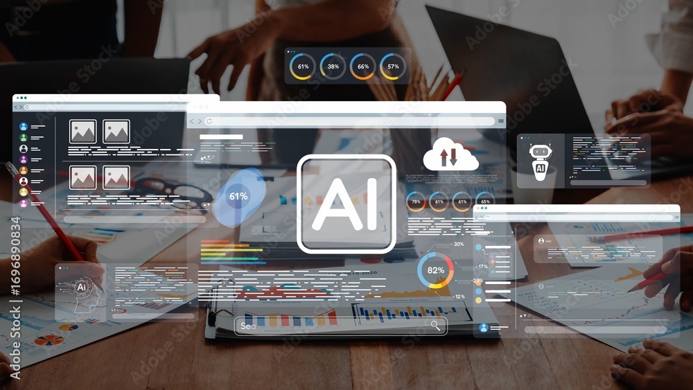 Aufkleber modern office scene featuring multiple screens displaying artificial intelligence graphics, enhancin