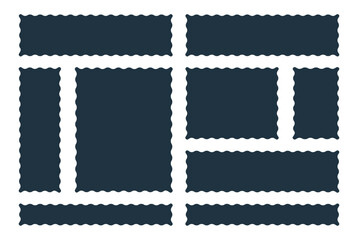 Obraz premium Frames Scalloped Vector Corrugated Bento Grid Shapes Set. Scallop Frame Wavy Retro Stickers Collection. Zig Zag Edge Geometric Borders Tag Boxes. Wiggle Line Design Sign Background. Isolated