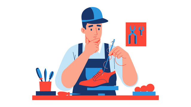 Shoemaker's Craft: Capturing the precision and care of a skilled shoemaker as he meticulously repairs a shoe, showcasing craftsmanship, attention to detail, and the art of restoration.