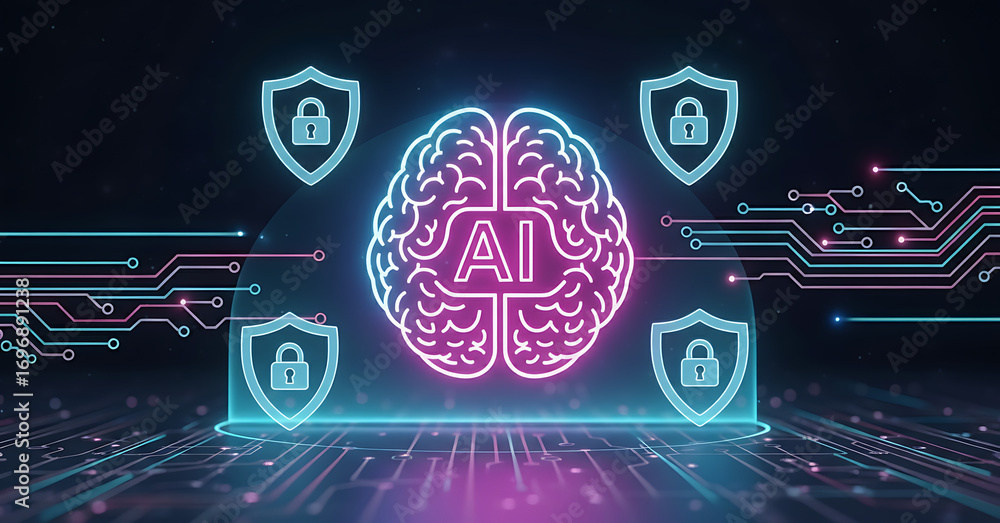 Fototapete artificial intelligence security concept with glowing brain surrounded by digital shields representi