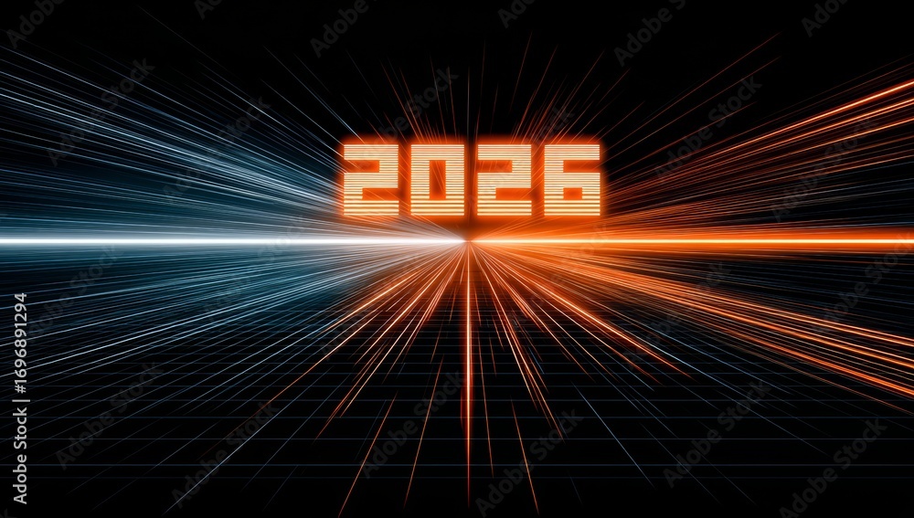 Poster futuristic image with the number 2016 in orange and blue. the image is a representation of the year 