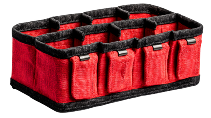 Durable red canvas organizer with multiple compartments for tools, supplies, or accessories, showcasing robust construction and practical design for efficient storage solutions.