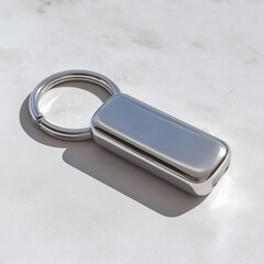 Glossy silver keychain with rounded tag. Modern accessory on marble surface. Perfect for branding, product mockups, and e-commerce use.