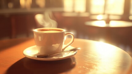 Fototapeta premium Warm Coffee Cup on a Wooden Table in a Cozy Café Setting