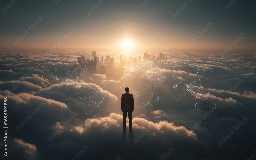 Aufkleber man stands in the clouds looking down at the city below. the sky is filled with clouds and the sun i