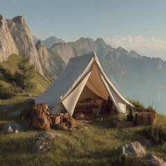 Golden light on mountain campsite. Canvas tent with hiking gear. Perfect for travel, adventure, or outdoor lifestyle content.
