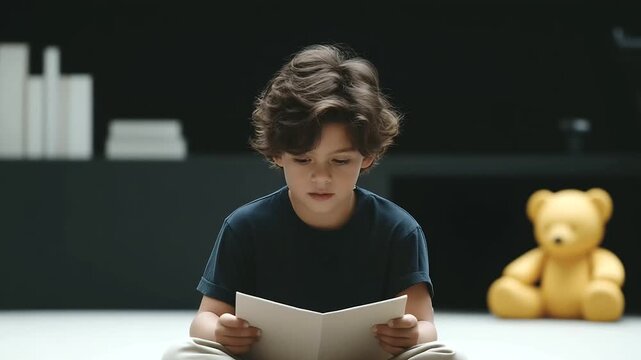 A child actor rehearses lines in a casting room with a script in hand a parent coaching a camera filming and toys in the corner shown in a playful photo with paper creases