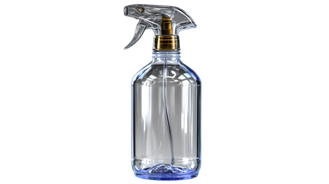 Elegant clear glass spray bottle with premium gold accents, perfect for luxury cleaning solutions and professional product presentations.