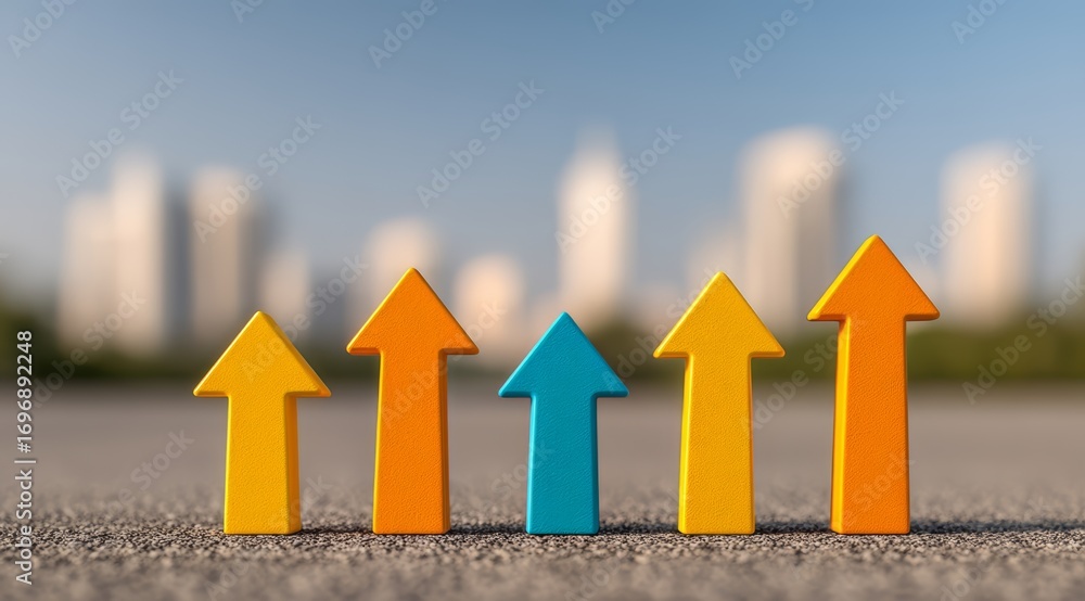 Poster row of wooden arrows with one blue arrow in the middle. the arrows are pointing upwards