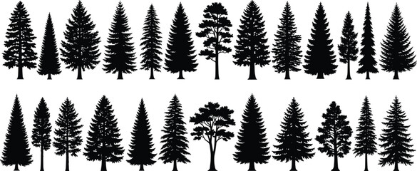 Fototapeta premium Black Tree Silhouettes Collection Featuring Diverse Deciduous and Coniferous Shapes for Nature, Forest, Landscape, Seasonal, and Botanical Design Themes