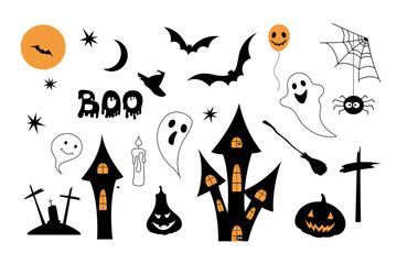 Halloween, set of icons, silhouette of a bat, moon, stars, haunted house, pumpkins, brooms, spider on a white background, vector, flat design. A collection of horrible, scary characters. Elements 