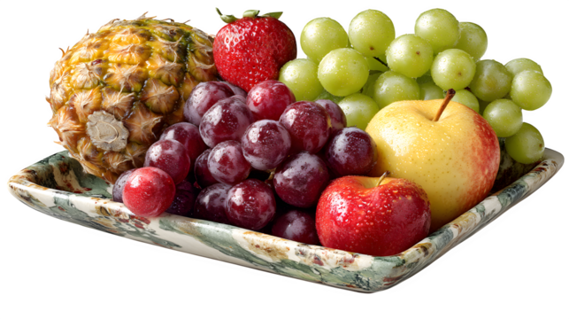 Vibrant, fresh fruit assortment glistening with water droplets, a healthy bounty of nature's sweetness ready for consumption and enjoyment.
