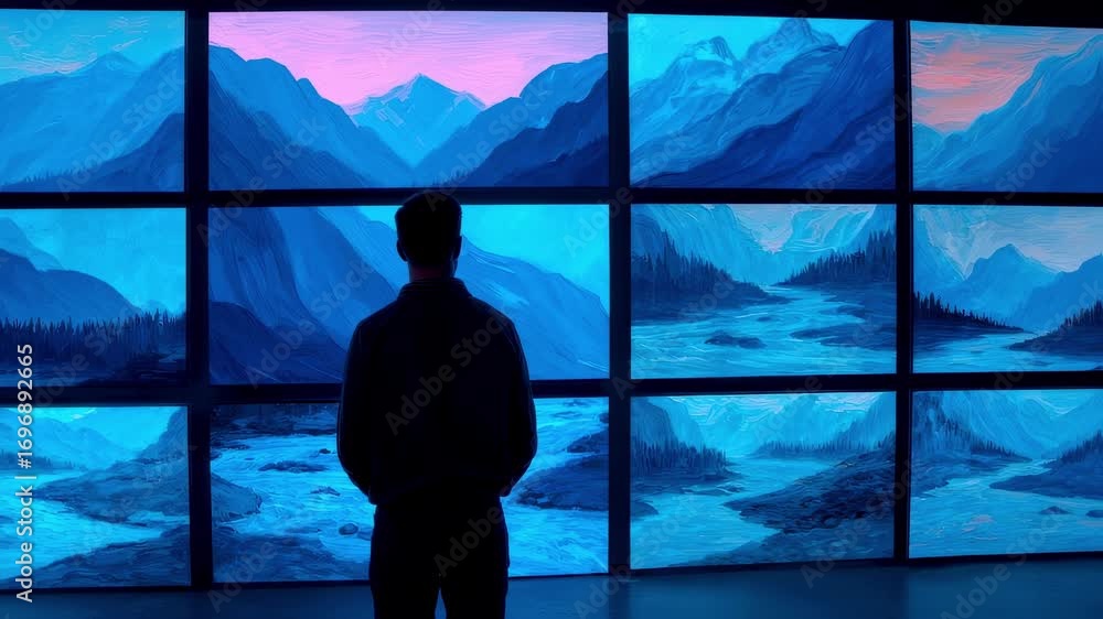 Aufkleber focused medium shot on the digital display of a dynamic landscape panel featuring evolving scenes of