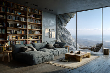 Glass living room interior with sofa, bookshelf and anoramic window. Mockup wal