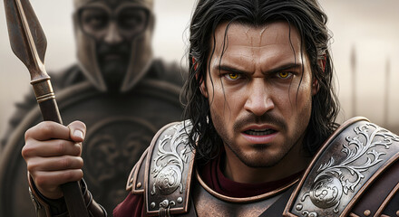 Intense Warrior Portrait with Spear in Battle-Ready Armor Surrounded by Ancient Soldiers in Dramatic Lighting, Epic Historical Fantasy Setting