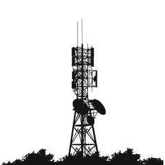 Cell tower vector set, telecommunication antenna towers with satellite dishes, 5G and 4G wireless network infrastructure, radio signal transmission, mobile communication mast silhouette illustration