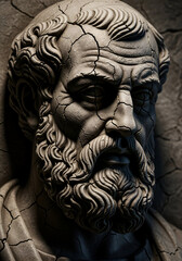 Close-Up View of an Ancient Sculpture Head Featuring Cracked Texture, Detailing, and Historic Features for Artistic and Educational Projects