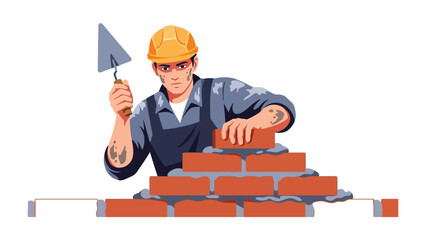 Construction of Resilience: A dedicated construction worker meticulously lays each brick, embodying precision and craftsmanship, symbolizing the foundational strength of building and progress.