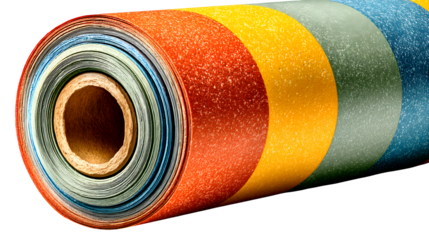 Vibrant rolls of textured paper or fabric in a rainbow of colors showcase creative potential for crafts, design, and manufacturing projects.