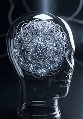 Glass head with tangled wires representing complex thoughts and ideas, illuminating creativity and the intricacies of human cognition and perception