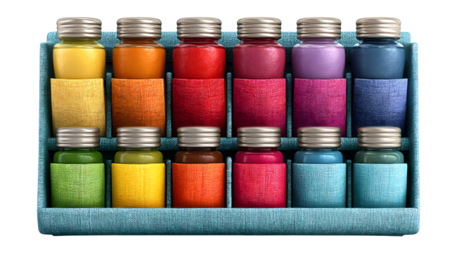Vibrant set of small paint bottles arranged in a textile organizer showcasing a spectrum of brilliant colors for artistic creation and crafting projects.