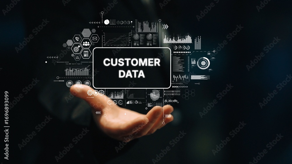 Poster hand holding digital interface with graphs and customer data analyzing trends and insights for busin