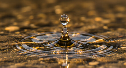 Close-Up of Water Drop Creating Ripple Effect on Surface with Glimmering Highlights and Soft Bokeh Background in Natural Light