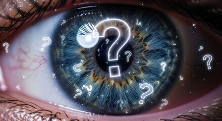 Close-up of a human eye with a vibrant iris and question marks, symbolizing curiosity, inquiry, and the search for answers in a conceptual design