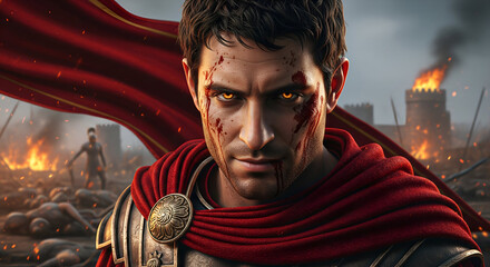 Intense Roman Warrior Stares Ahead Amidst Battle Ruins with Bloodied Armor and Fiery Background, Evoking Power and Courage in Historical Scene