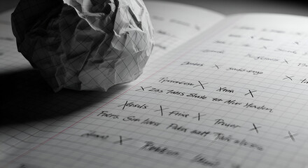 Crumpled Paper Ball Next to Open Notebook with Handwritten Notes on Graph Paper Surface Lit by Soft Light in a Creative Workspace Setting
