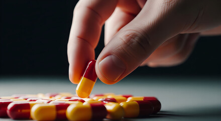 Hand Picking Bright Red and Yellow Capsule from a Cluster of Colorful Pills on a Smooth Surface in a Dimly Lit Environment