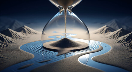 A Surreal Hourglass Flowing with Sand Over a Serene Landscape Depicting the Passage of Time in an Artistic and Dreamy Setting