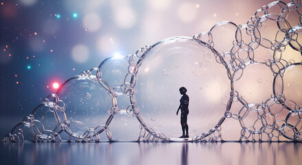 Abstract representation of a solitary figure amidst shimmering translucent bubbles in a dreamlike atmosphere of soft colors and ethereal lights
