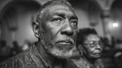 Elderly black individuals attending a thoughtful church service in black and white