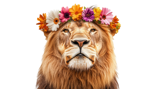 Lion with Floral Wreath  isolated on a Transparent or white Background
